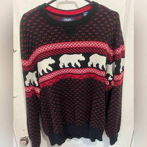 CHAPS RL Black Bear Sweater Mens XL 100% Cotton Knit Crewneck Pullover - Picture 1 of 9